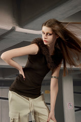 Faux Fur Trim Knit Top