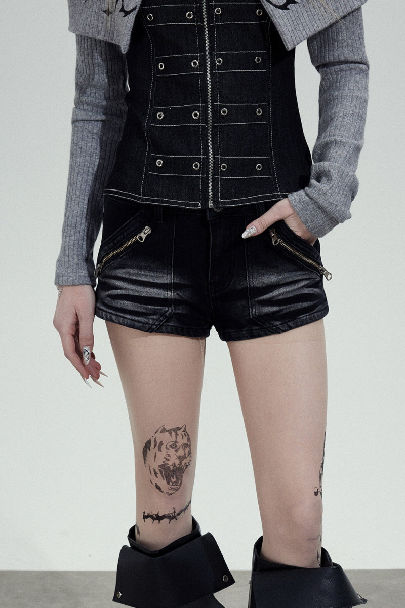 Gothic Cross Low-Rise Denim Shorts