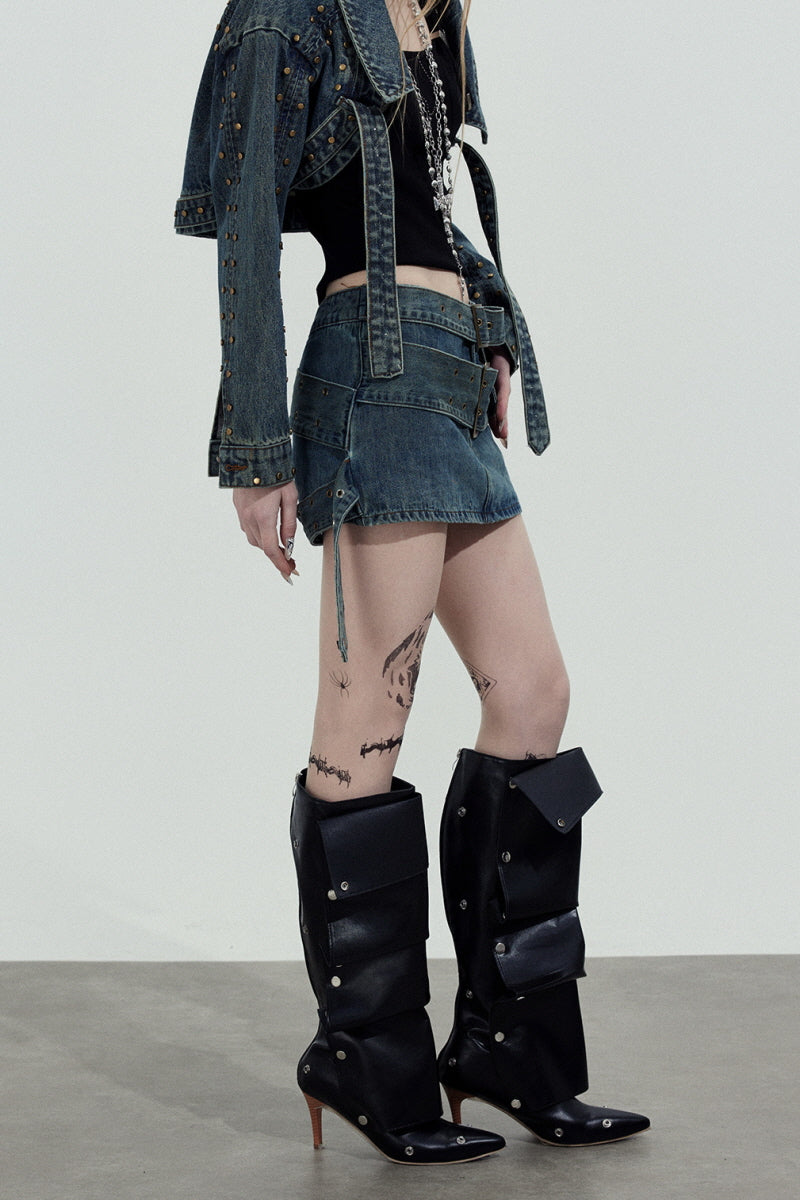 Double Belt Denim Mini Skirt