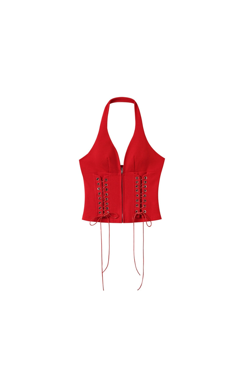 Fierce Lace-Up Halterneck Top - Red