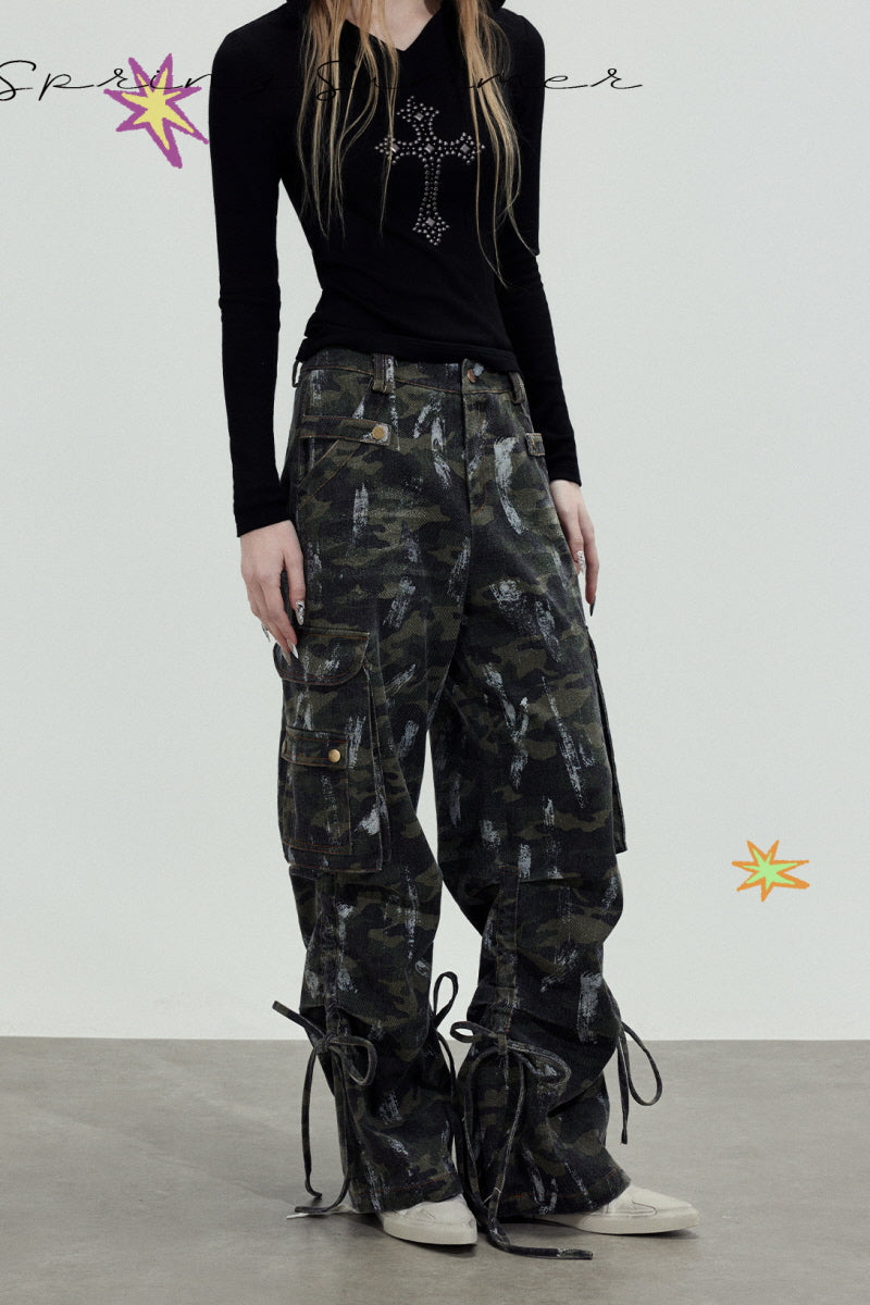 Camo Strap Wide Cargo Pants