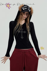 Rhinestone Cross Hooded Slim Top - Black