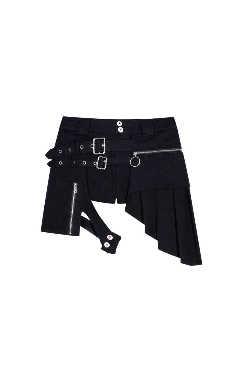 Asymmetric Strap-On Pleated Shorts