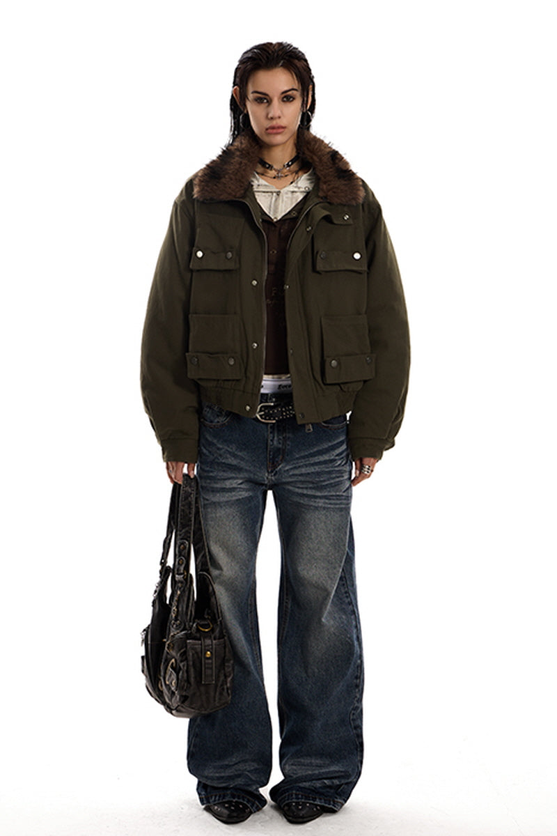 Midnight Cargo Fur-Collar Jacket - Coffee