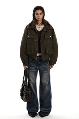 Midnight Cargo Fur-Collar Jacket - Coffee