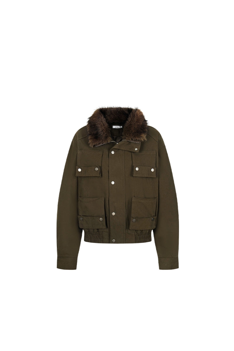 Midnight Cargo Fur-Collar Jacket - Coffee