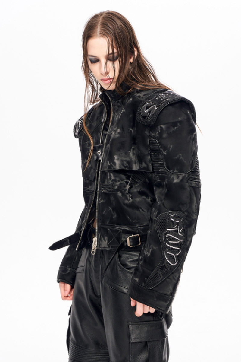 Obsidian Edge Cropped Biker Leather Jacket - Black