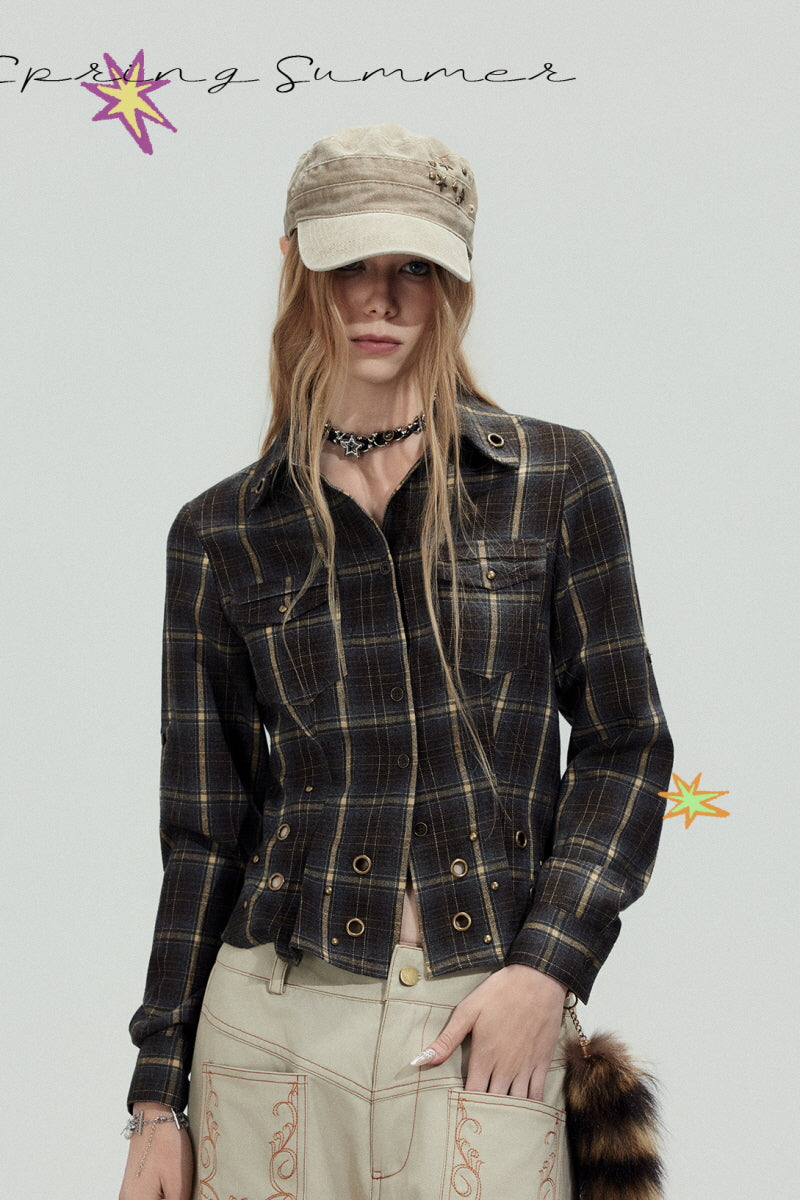 Dark Plaid Cropped Slim Shirt