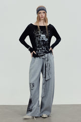 Graphic Tie Wide Sweatpants - Gray