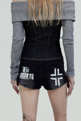 Gothic Cross Low-Rise Denim Shorts