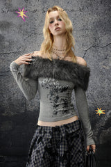 Fur Trim Off-Shoulder Top - Gray