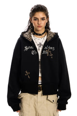 Leopard Crest Cropped Hoodie - Black