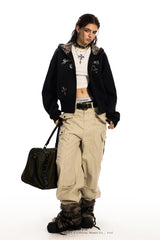 Leopard Crest Cropped Hoodie - Black