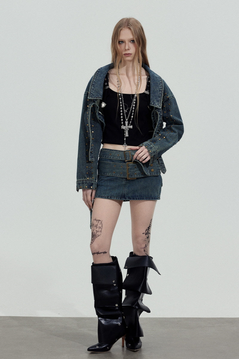 Double Belt Denim Mini Skirt