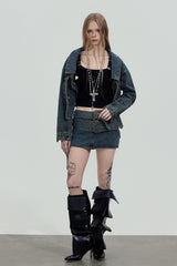 Double Belt Denim Mini Skirt
