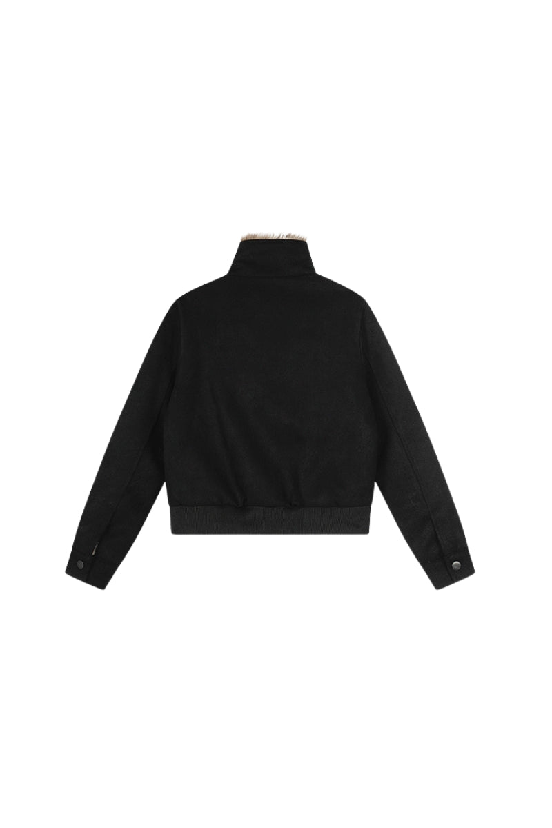 Faux Suede Buckled Fur Collar Jacket - Black