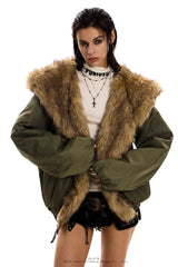 Urban Wolf Faux Fur Oversized Parka - Army Green