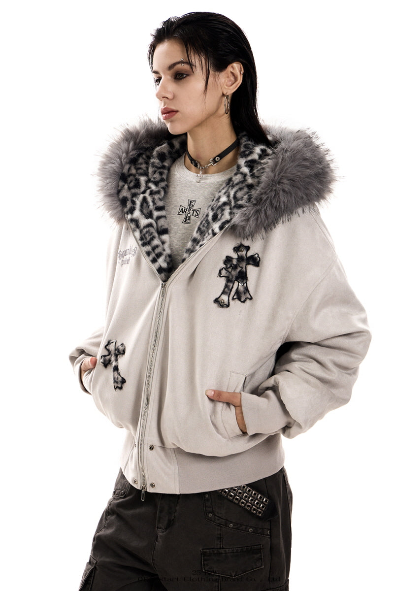 Leopard Cross Faux-Fur Hooded Bomber - Gray