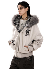 Leopard Cross Faux-Fur Hooded Bomber - Gray