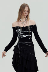 Studded Graphic Off-Shoulder Top