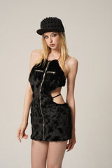 Black Faux Fur Zipper Mini Dress