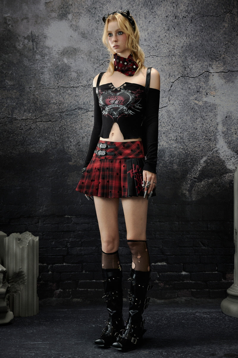 Crimson Edge Plaid Pleated Skirt