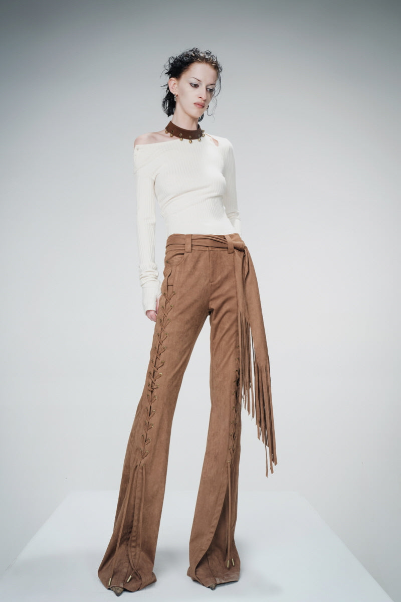 Lace-Up Fringe Flare Pants