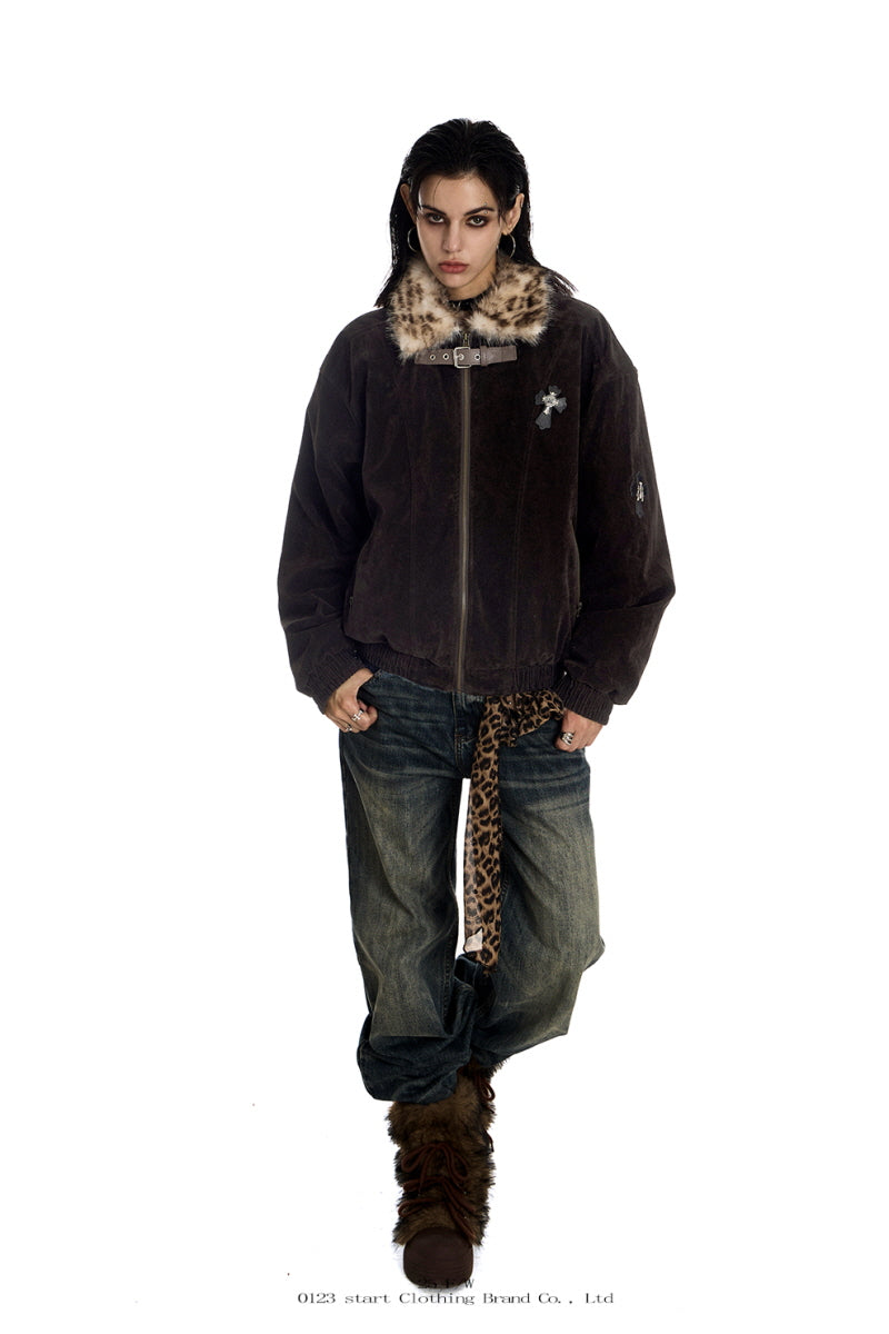 Leopard Lined Suede Bomber Jacket