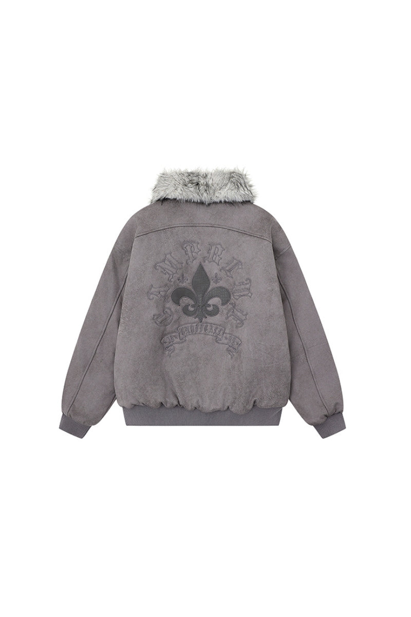 Shadow Crest Faux-Fur Suede Bomber Jacket - Gray
