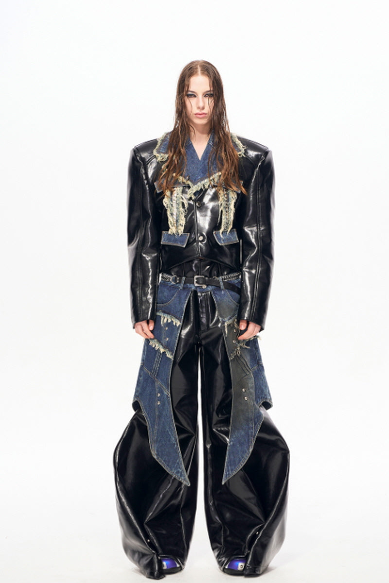 Raw Riot Denim-Panel Cropped Leather Jacket - Black