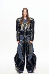 Raw Riot Denim-Panel Cropped Leather Jacket - Black