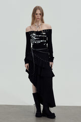 Studded Graphic Off-Shoulder Top