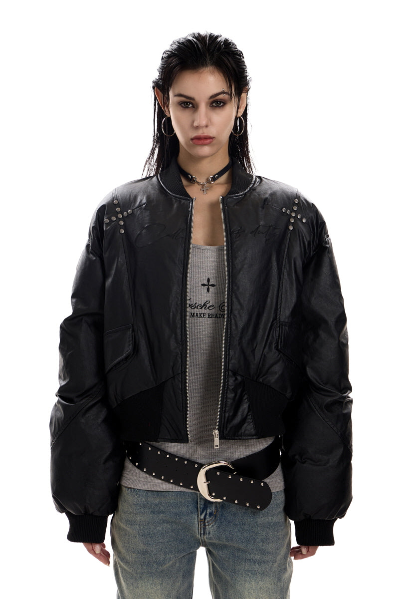 Stud Detail Cropped Leather Bomber Jacket