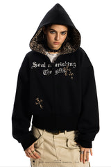 Leopard Crest Cropped Hoodie - Black