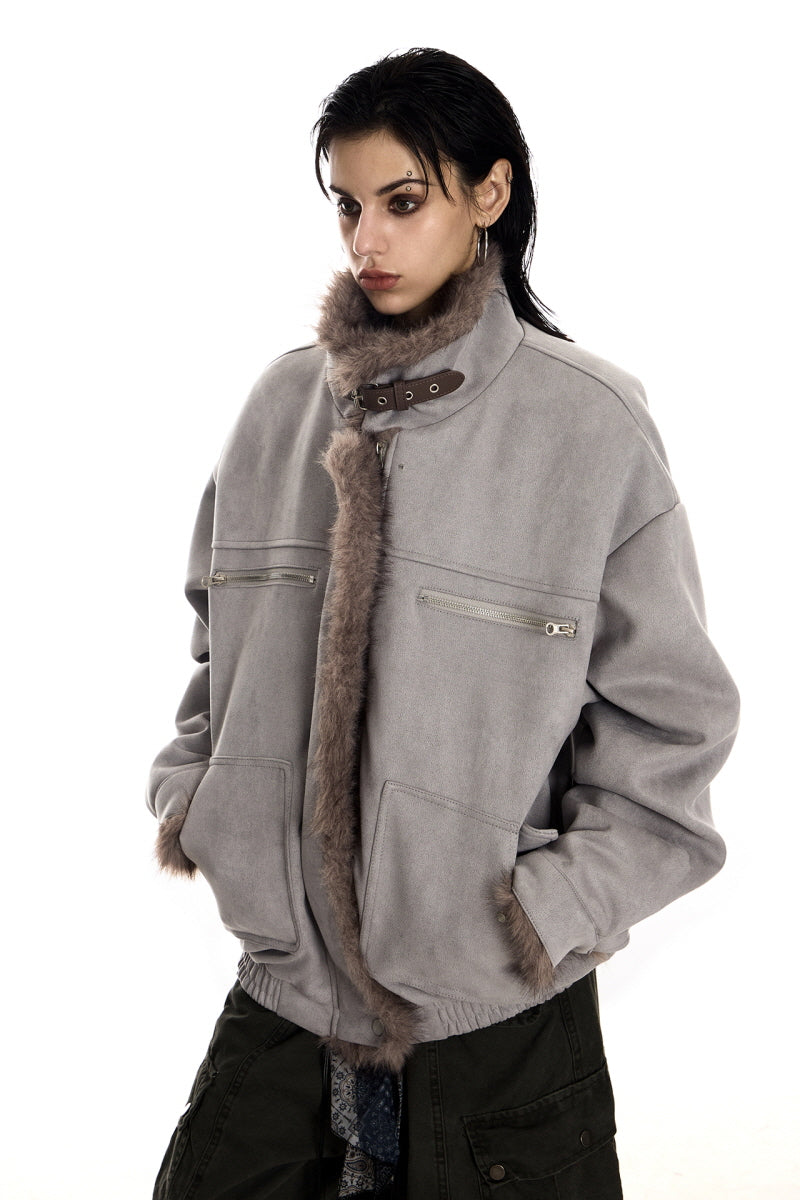 Ash Veil Fur-Trim Suede Jacket