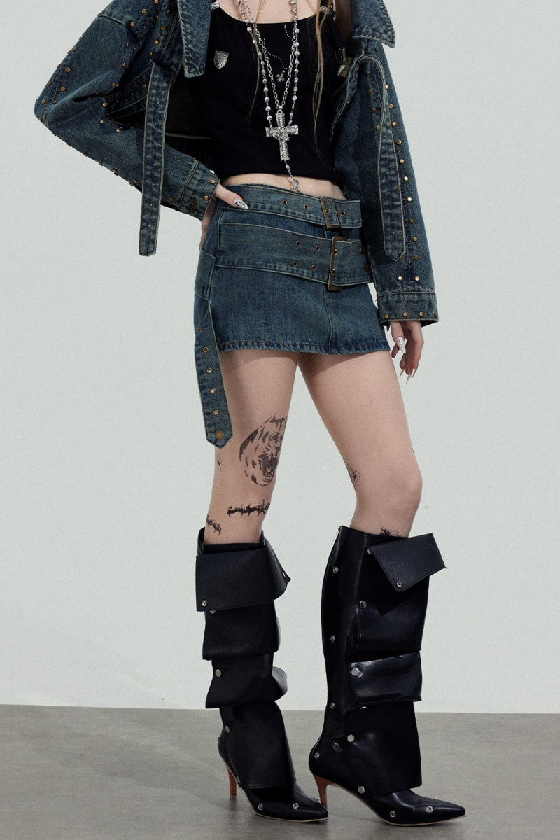 Double Belt Denim Mini Skirt
