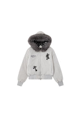Leopard Cross Faux-Fur Hooded Bomber - Gray