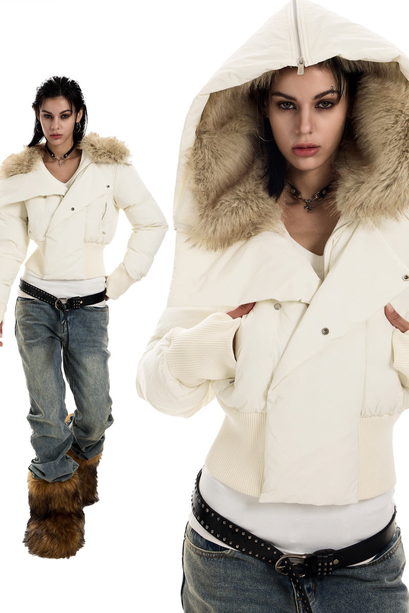 Ivory Frost Fur-Hooded Puffer Jacket