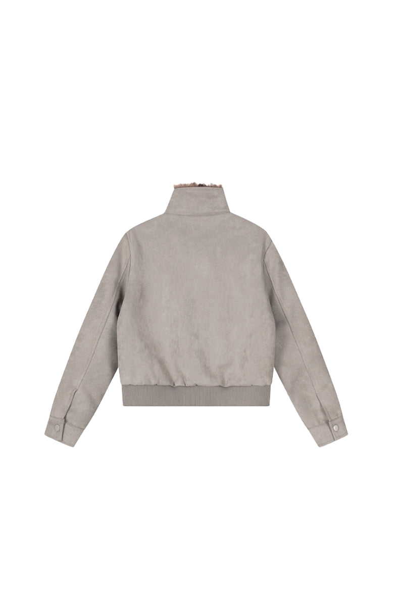 Faux Suede Buckled Fur Collar Jacket - Gray