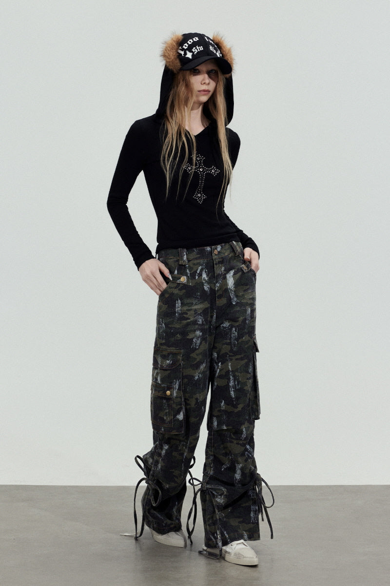 Camo Strap Wide Cargo Pants