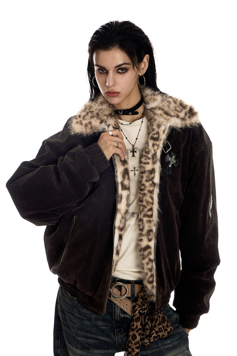 Leopard Lined Suede Bomber Jacket