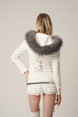 Fur Trimmed Elegance Hoodie Jacket - White