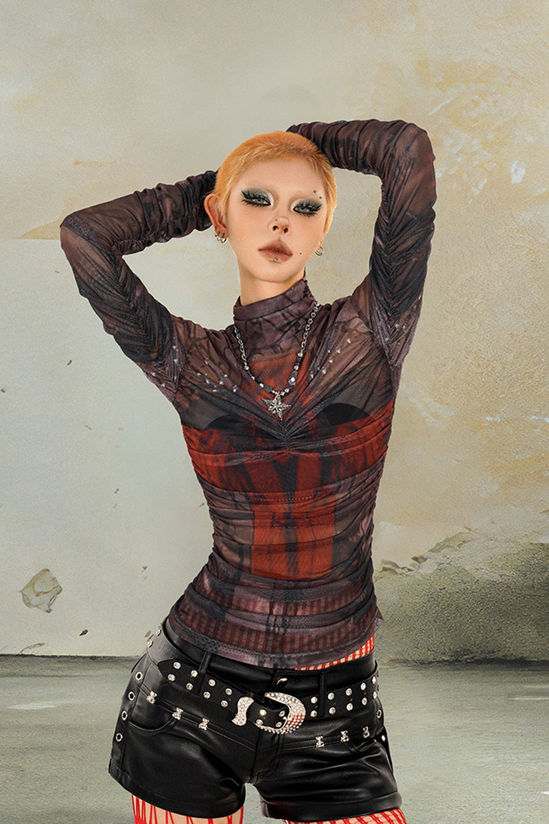 Blurry Cross Mesh Ruched Top
