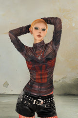 Blurry Cross Mesh Ruched Top