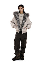 Leopard Cross Faux-Fur Hooded Bomber - Gray