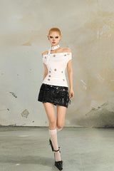 Strapped Eyelet Off-Shoulder Top