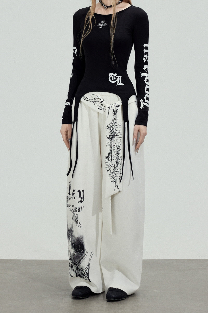 Graphic Tie Wide Sweatpants - White