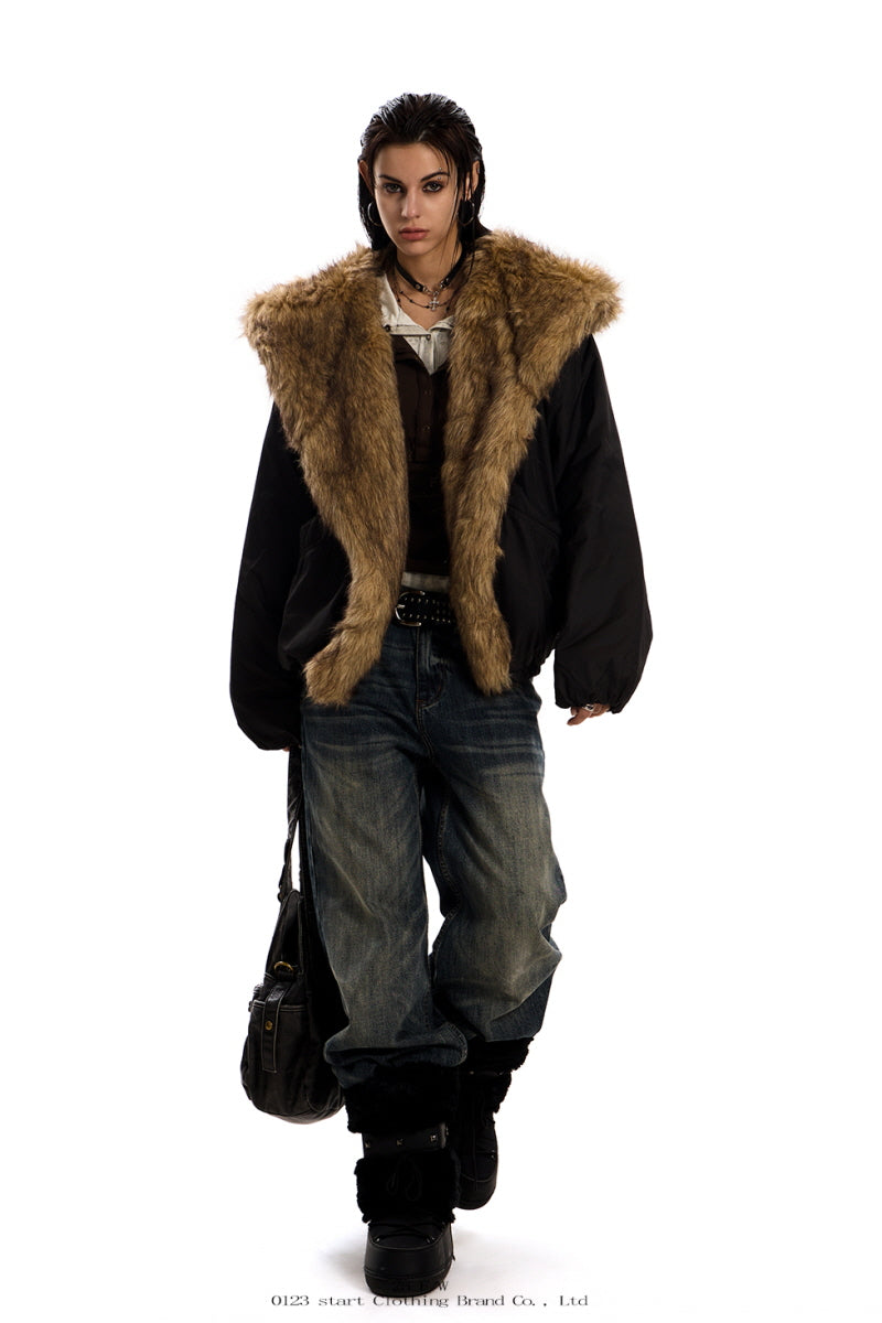 Urban Wolf Faux Fur Oversized Parka - Black