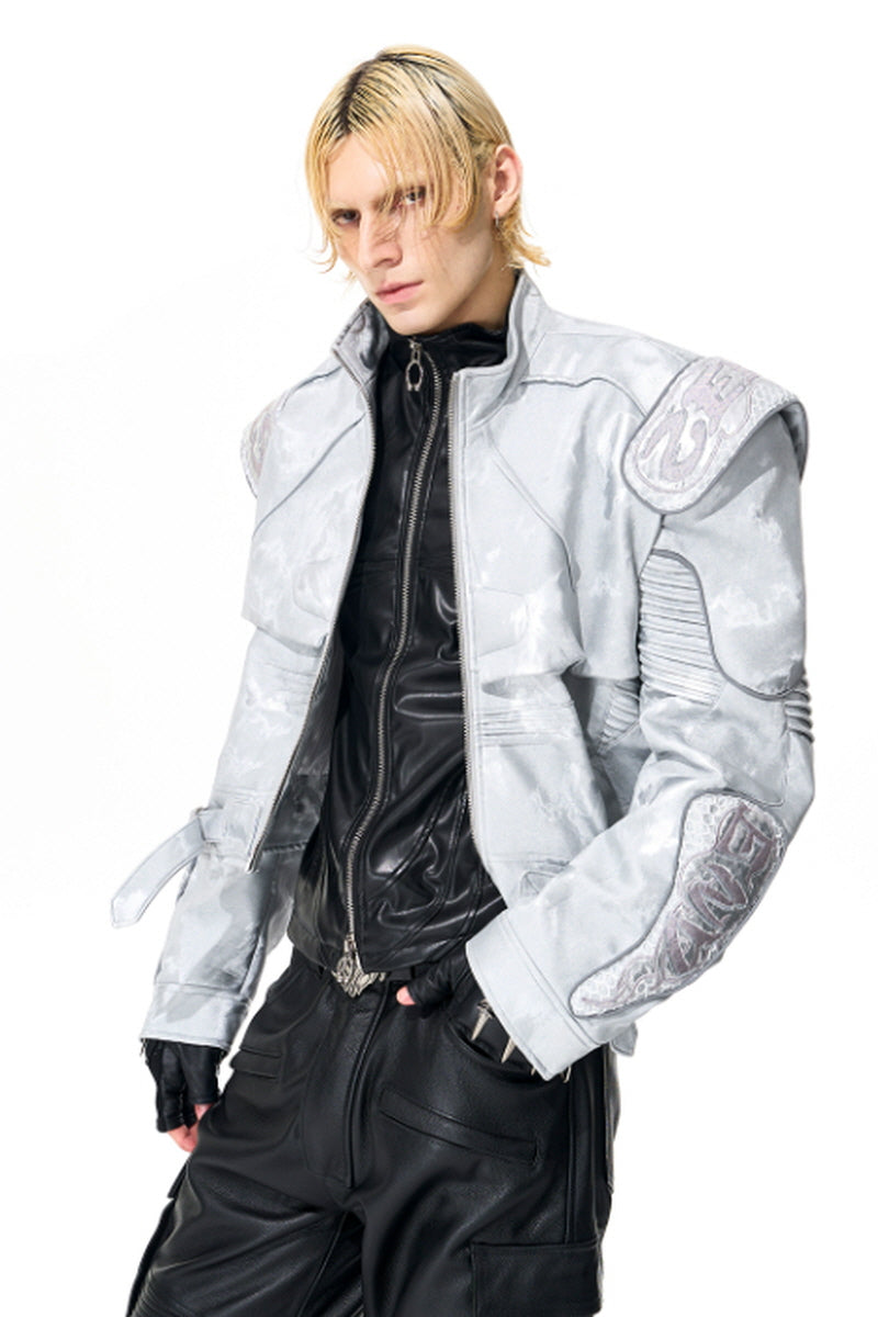 Obsidian Edge Cropped Biker Leather Jacket - Silver