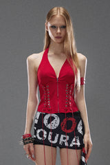 Fierce Lace-Up Halterneck Top - Red